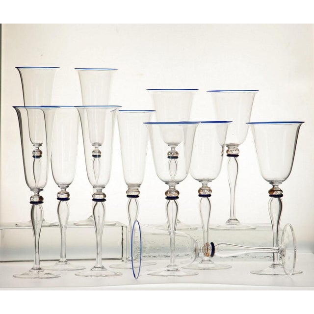 Stemmed Flute Glasses in Murano Glass with Cobalt and Gold Accents by Cenedese, 1980s, Set of 6 For Sale - Image 16 of 18