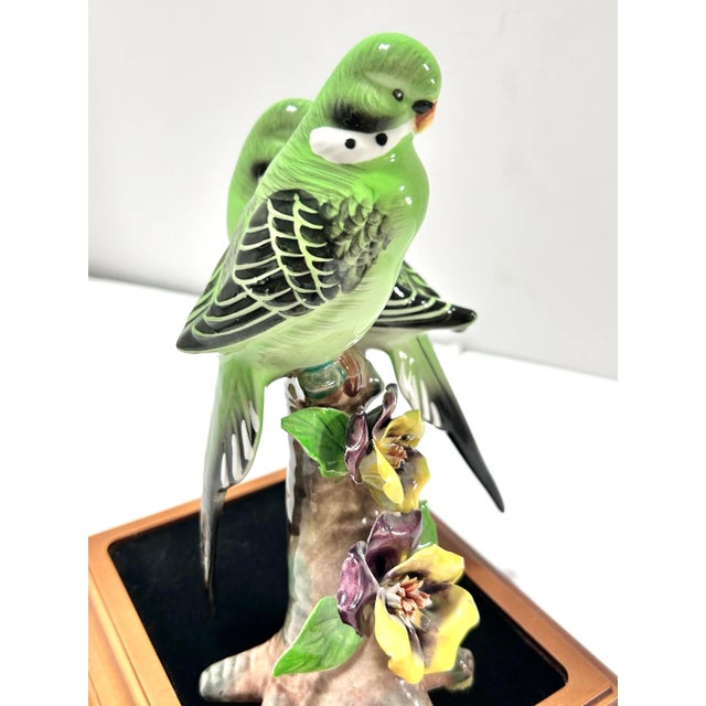 Mid Century Porcelain Parakeet Sculpture – Chinoiserie Bird Figurine on Wood Base For Sale - Image 9 of 12