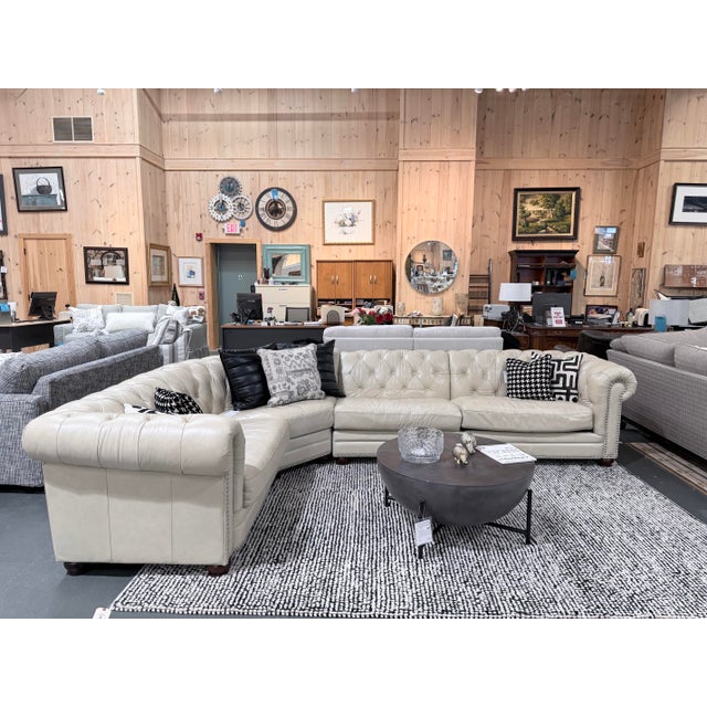 Traditional Ivory Top-Grain Leather Chesterfield Sectional Sofa With Deep Button Tufting & Nailhead Trim For Sale - Image 3 of 11