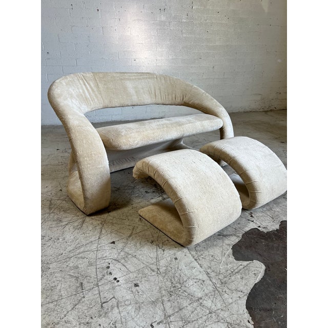 Postmodern Vintage Postmodern Velvet Loveseat Sofa and Ottomans - A Set For Sale - Image 3 of 6