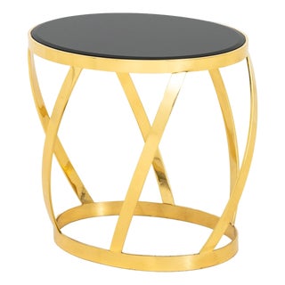Karl Springer Black Glass & Brass Barrel End Table For Sale