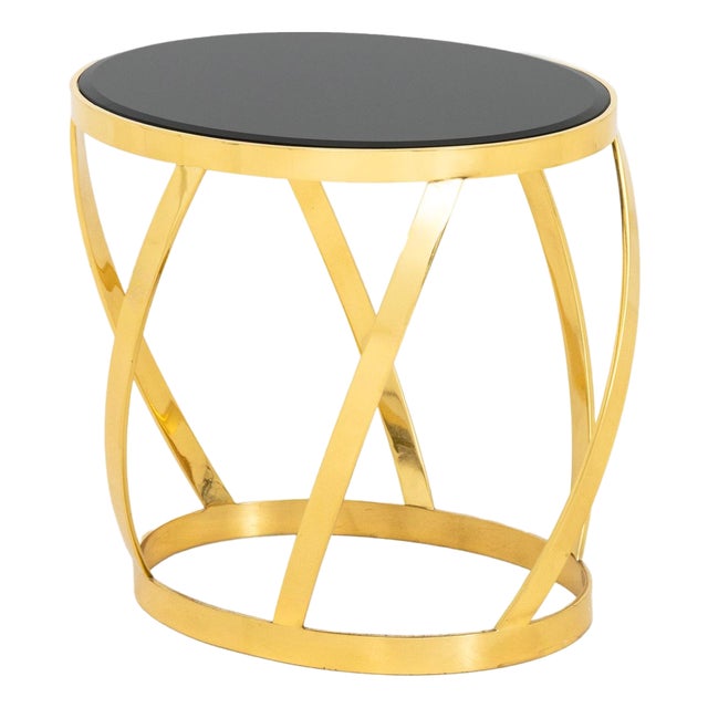 Karl Springer Black Glass & Brass Barrel End Table For Sale