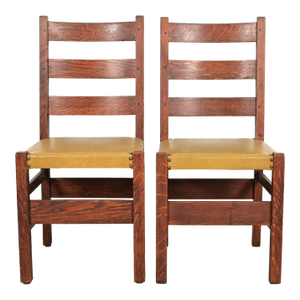Gustav Stickley Antique Mission Oak Arts & Crafts Ladder Back Dining Chairs, Pair