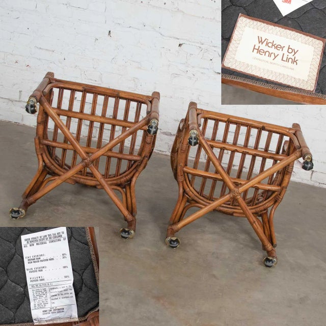 Tan Vintage Chinese Chippendale Rattan Rolling Accent Chairs by Henry Link for Wicker - A Pair For Sale - Image 8 of 13