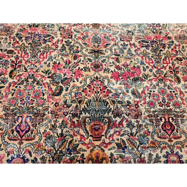 Textile Vintage Oversized Persian Kerman Lavar Rug, Hand-Knotted Wool, Allover Floral Vase Pattern, Ivory & Turquoise, 9’ X 14’ For Sale - Image 7 of 18