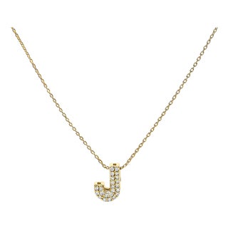 10K Yellow Gold Diamond Accent "J" Initial Bubble Pendant Necklace For Sale