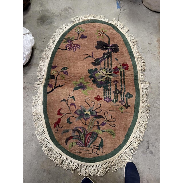 Art Deco Antique 1920s Chinese Art Deco Oval Rug, Floral, 3'1" X 5'2" (95cm X 158cm) For Sale - Image 3 of 7
