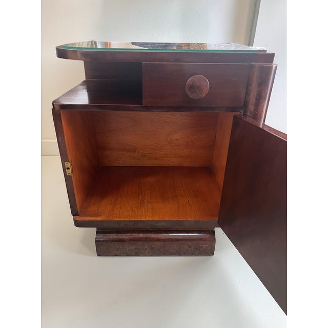 Brown Art Deco Bedside Tables with Burl Walnut Veneer and Glass Tops, Europe, 1950s, Set of 2 For Sale - Image 8 of 13