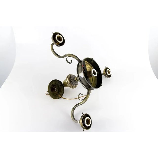 Art Deco French Brass & Frosted Glass 4-Light Chandelier, 1920s For Sale - Image 9 of 18