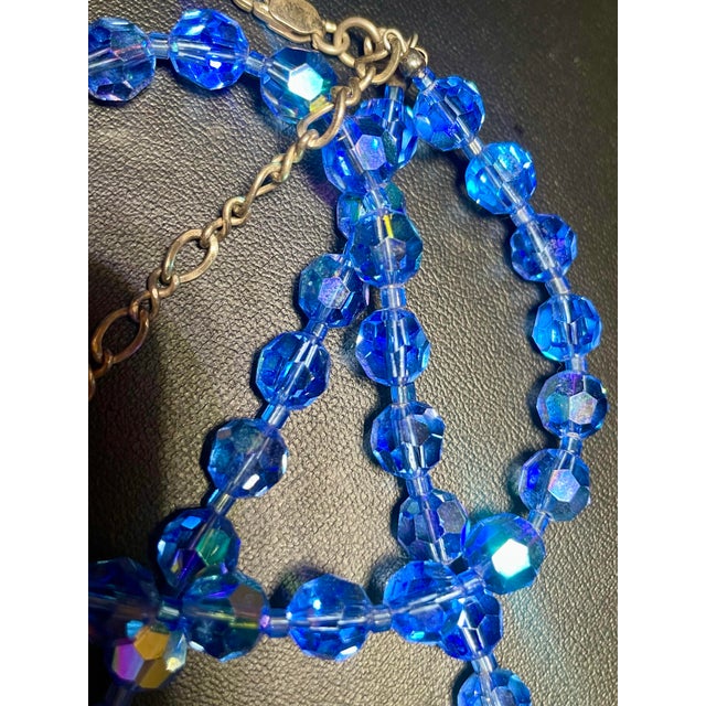 Mid-Century Modern MCM Jewelry in Swarovski Styled Leaded Crystal Cornflower Blue Necklace With Aurora Borealis Peacock Iridescence Sterling Silver Clasp For Sale - Image 3 of 9