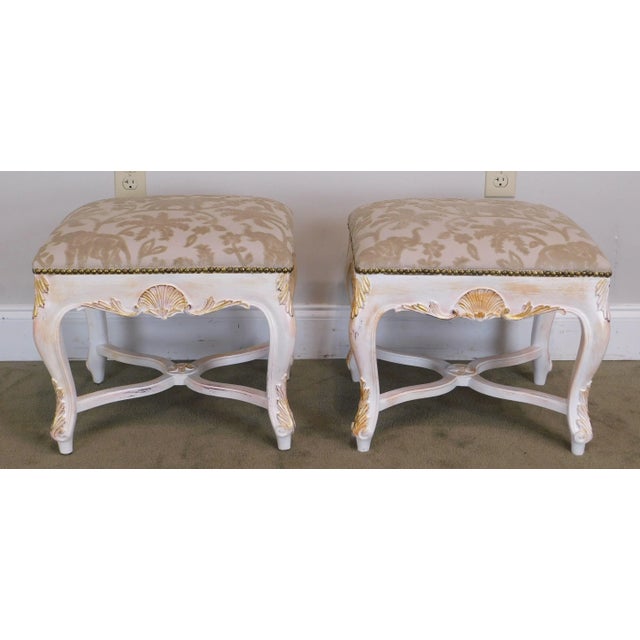 Wood Italian Rococo Style Gilt & Painted Carved Pair Stools For Sale - Image 7 of 12