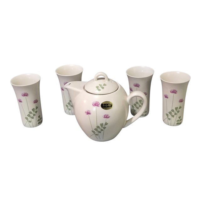 Late 20th Century Japanese Utsuwa Tea Pot & Four Cups Pink Wild Flower Pattern - 5 pcs For Sale - Image 6 of 6