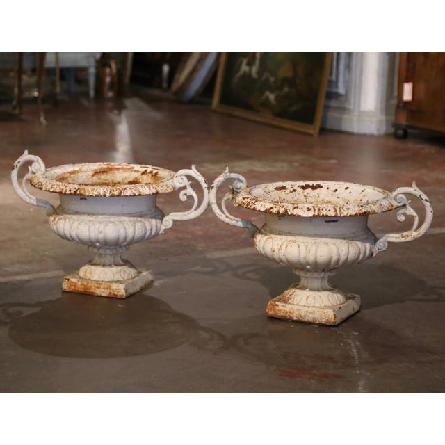 Mid 19th Century 19th Century French Painted Weathered Iron Garden Urn Planters - Set of 2 For Sale - Image 5 of 9