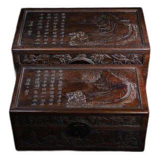 Pair of Huali Rosewood Nesting Boxes Carved With Landscape & Poetry For Sale