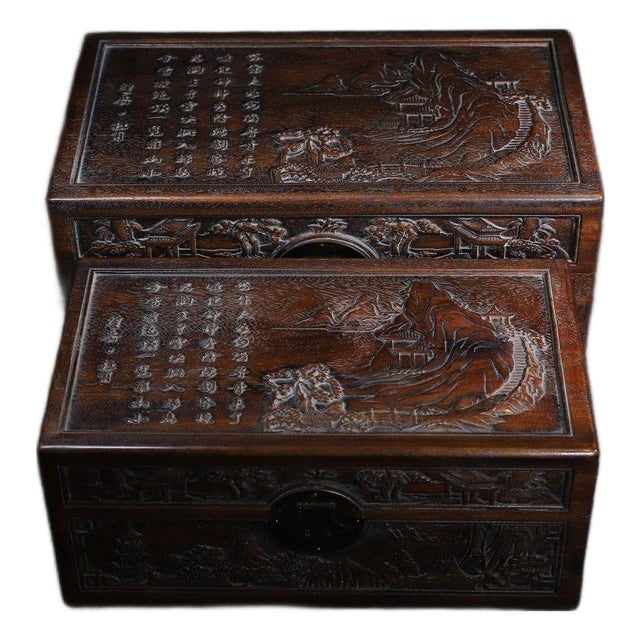 Pair of Huali Rosewood Nesting Boxes Carved With Landscape & Poetry For Sale