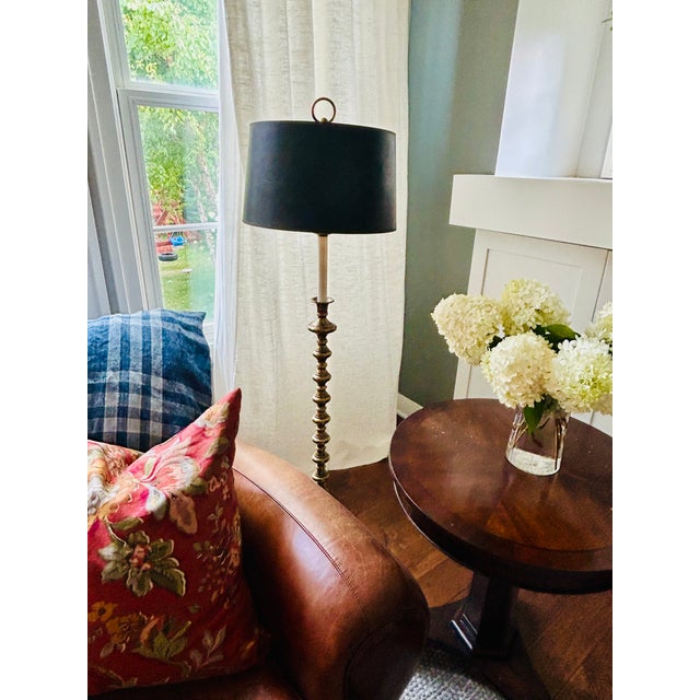 Vintage Mid-Century Modern Hollywood Regency Gold Stacked Orb Floor Lamp With Black Hardback Drum Sh For Sale - Image 17 of 17