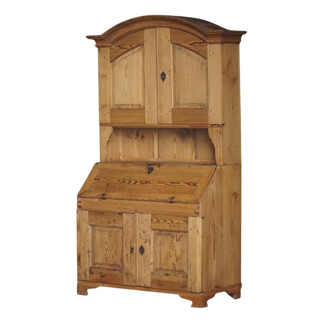 Antique Danish Pine Drop-Front Secretary with Upper Cabinet, Mid-19th Century For Sale