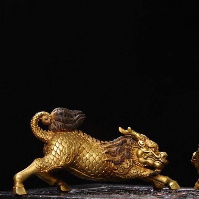 Pair of Antique Gilt Bronze Qilin Statues, Mythical Beast Figures, 2.3kg For Sale - Image 9 of 9