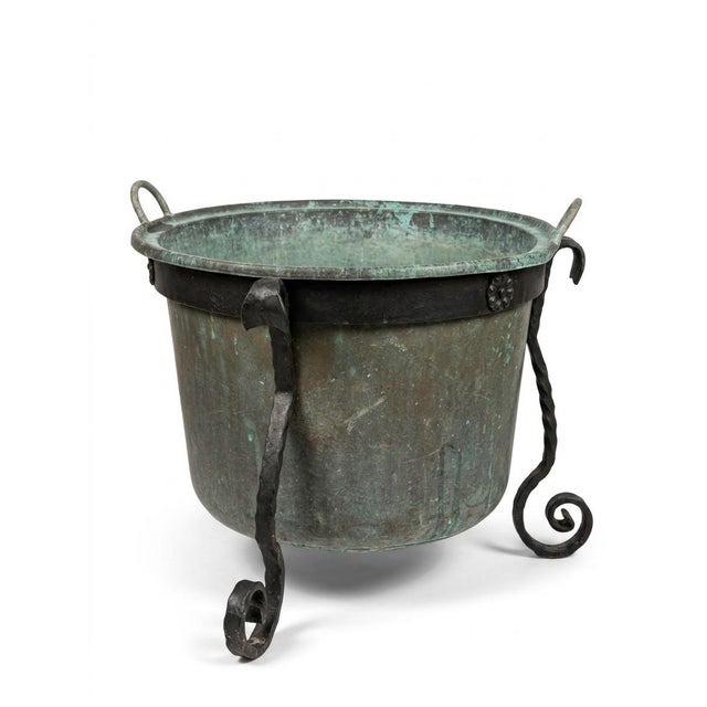 1980s Hand-Hammered Copper Planter on Wrought Iron Stand For Sale - Image 4 of 10