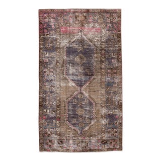 Vintage Distressed Persian Handmade Brown and Purple Geometric Wool Rug For Sale