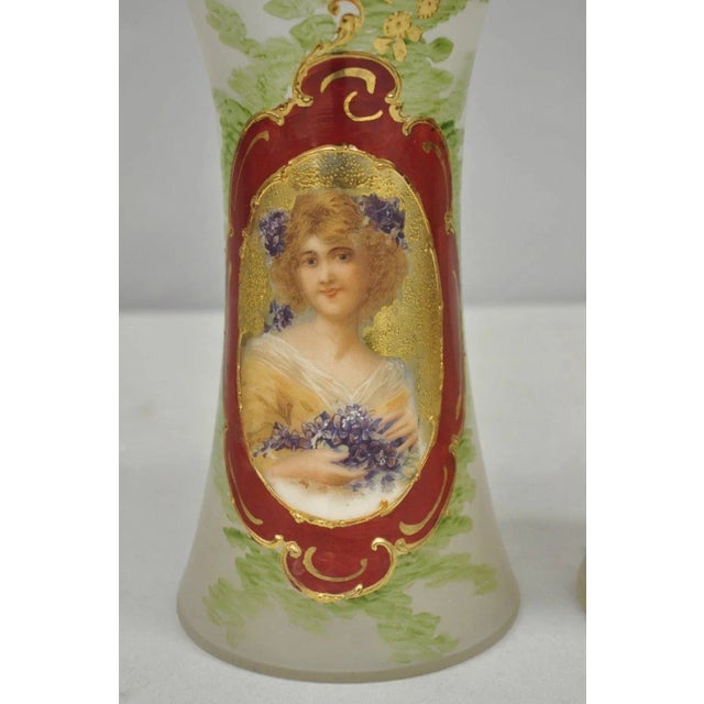 Victorian Vintage German Victorian Frosted Glass Painted Figural Woman Bust Vase - A Pair For Sale - Image 3 of 8