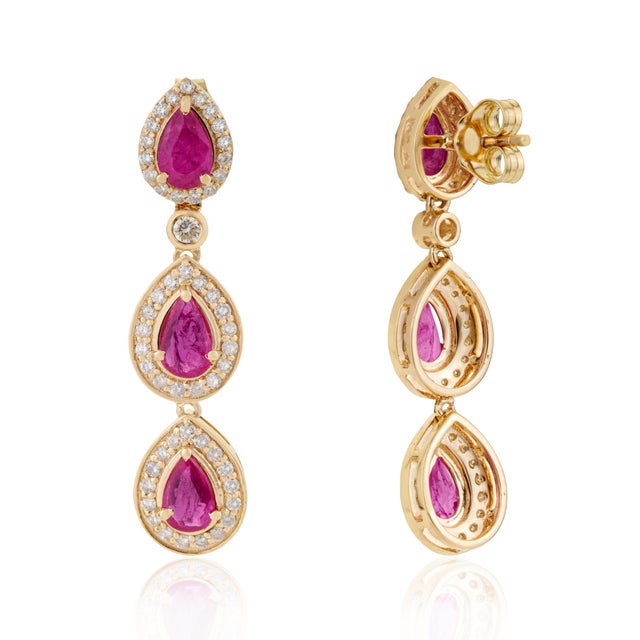 Metal 2.05ct Pear Cut Mozambique Ruby Diamond Triple Drop Earrings in 14k Gold- 2 Pieces For Sale - Image 7 of 13