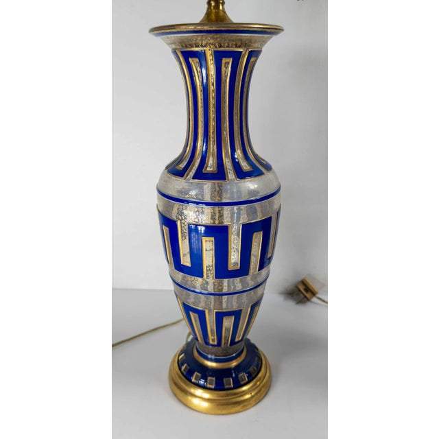 Hollywood Regency 19th Century Pair of Bohemian Cameo Glass Table Lamp Vases With Greek Key Design in Blue For Sale - Image 3 of 16