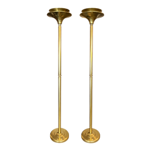 Pair of Art Deco Style Brass Torchiere Floor Lamps From 1970s
