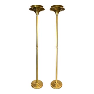 Pair of Art Deco Style Brass Torchiere Floor Lamps From 70's For Sale
