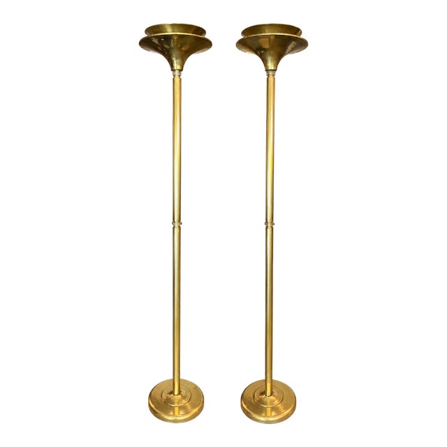 Pair of Art Deco Style Brass Torchiere Floor Lamps From 70's For Sale
