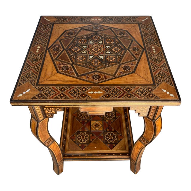 Mid 20th Century Moorish Mother of Pearl Wood Marquetry Inlay Occasional Side Square Tea Table For Sale