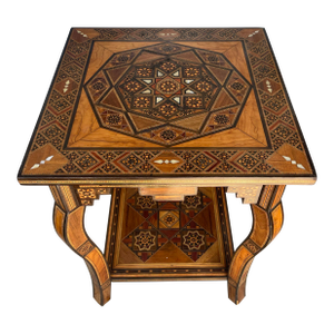 Mid 20th Century Moorish Mother of Pearl Wood Marquetry Inlay Occasional Side Square Tea Table