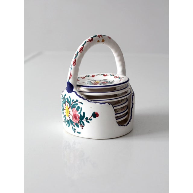 Vintage Crespo Spanish Faience Coaster Set With Basket Holder For Sale - Image 6 of 15