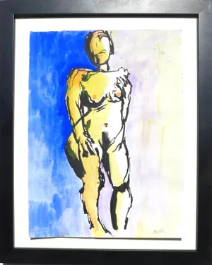 Martha Holden Framed "Modern Nude" Contemporary Figurative Ink and Watercolor Painting