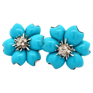 Circa 1980s Italian 18K White Gold Persian Turquoise & Diamond Floral Earrings