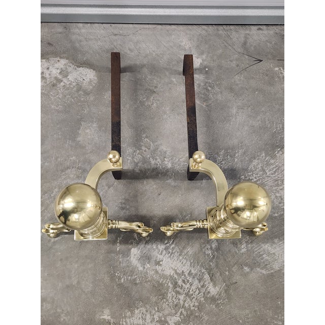 Brass Vintage Federal Style Large Brass Andirons - A Pair For Sale - Image 8 of 13