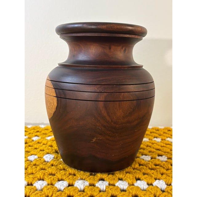 Wood Vintage Mid Century Turned Walnut Vase, Studio Wood Art, Arts and Crafts Decor For Sale - Image 7 of 7