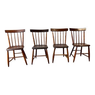 19th Century Antique Primitive Farmhouse Spindle Back Plank Seat Dining Chairs - Set of 4 For Sale