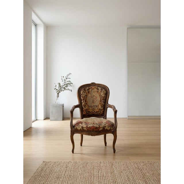 Late 19th Century French Louis XV Style Carved Walnut & Original Tapestry Needlepoint Upholstered Armchair (Fauteuil) For Sale - Image 4 of 5