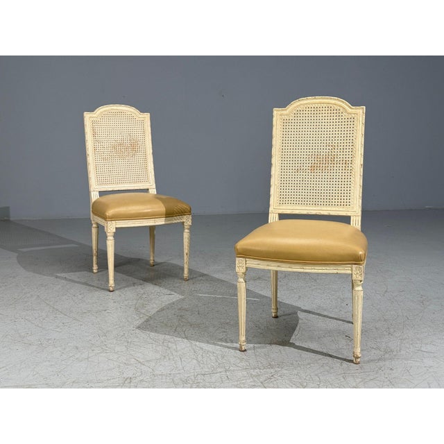 Louis XVI Style, Six Dining Chairs, Painted Wood, Cane, Leather, 20th C. For Sale - Image 13 of 13