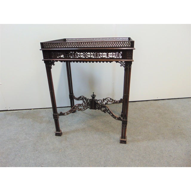 Chinese Chippendale style tea table, solid mahogany, intricate carved fretwork design.