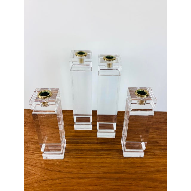 Mid-Century Modern Vintage Karl Springer Style Chunky Clear Lucite Set of 4 Candle Holders For Sale - Image 3 of 8