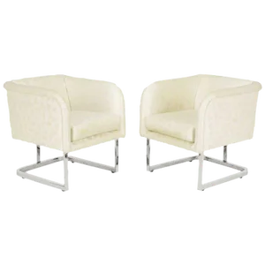 Milo Baughman Nickel and Ivory Glazed Cotton Print Club Chairs - a Pair