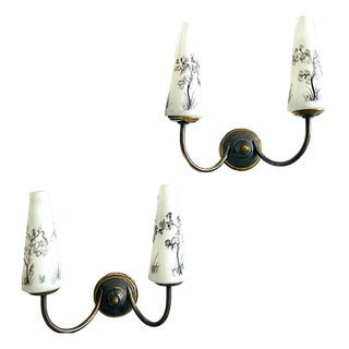 Mid-Century Portuguese Brass and Glass Double Wall Sconces, 1960s, Set of 2 For Sale