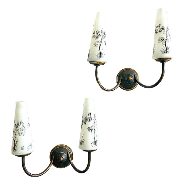 Mid-Century Portuguese Brass and Glass Double Wall Sconces, 1960s, Set of 2 For Sale
