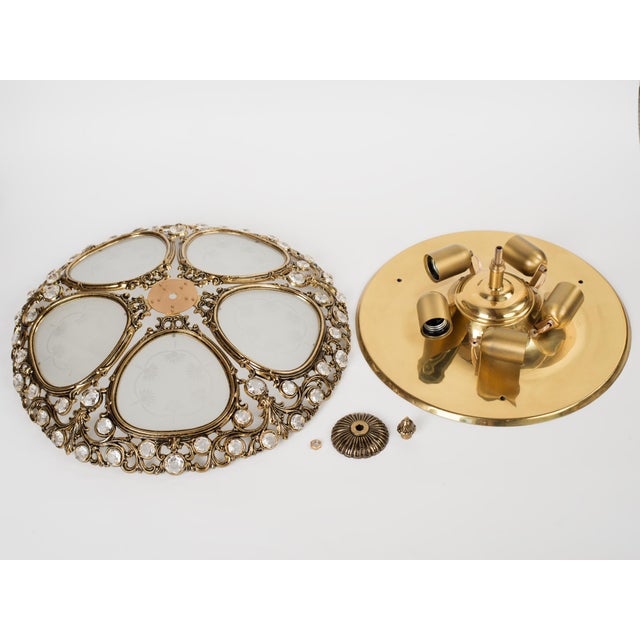 1970s 1970s Spanish Neo-Baroque Gilt Cast Brass and Crystal Flush Mount Ceiling Light For Sale - Image 5 of 10
