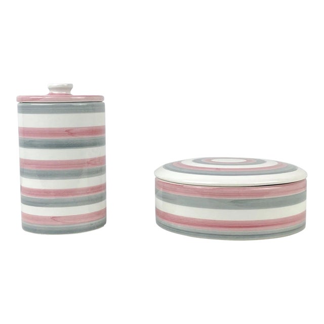 1970s Italian Grey and Pink Striped Ceramic Canister Containers For Sale