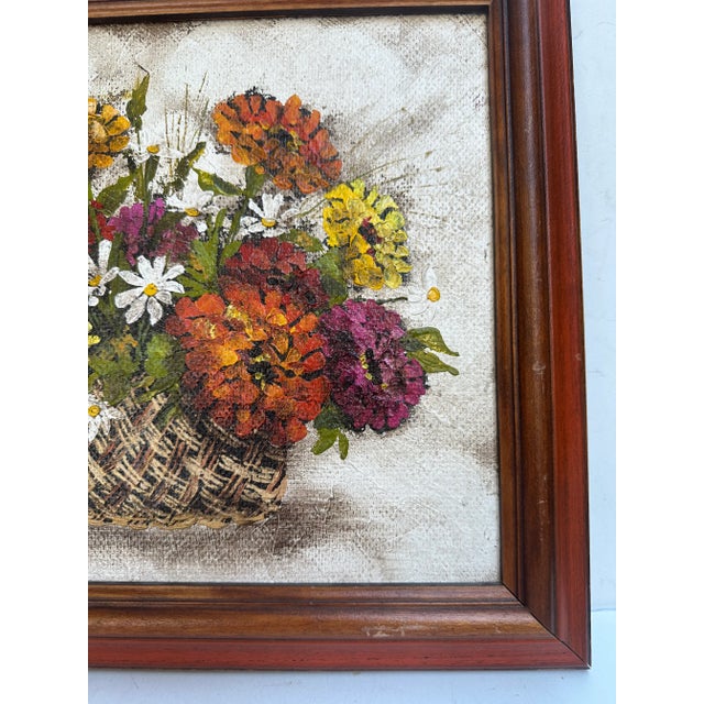 1960s Oil on Canvas Board Basket of Flowers Still Life Painting Bonnie Anderson Signed Framed For Sale - Image 9 of 12
