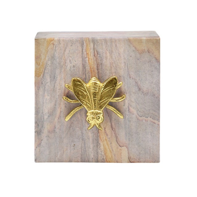 Worlds Away Matthew Izzo Home Bee Golden Brown Bidaser Box With Brass Bee Handle For Sale - Image 4 of 6