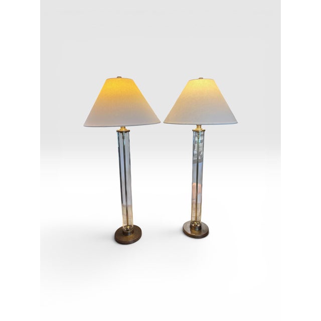 1990s 1990s Pair of Ralph Lauren Home Adjustable Tubular Glass & Brass Table Lamps With Original Shades For Sale - Image 5 of 13